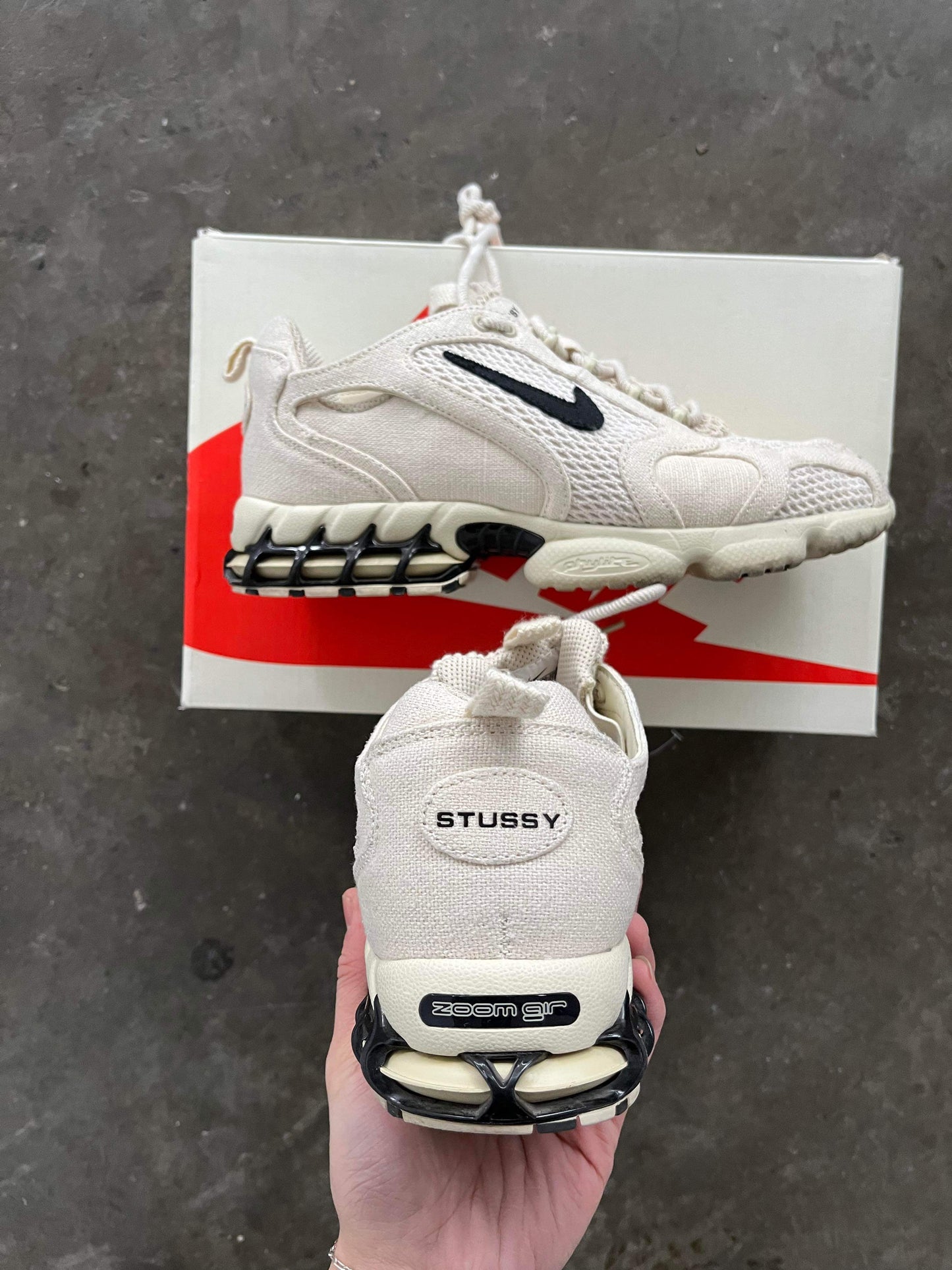 (9/10.5) Stussy x Nike Spiridon Caged Fossil