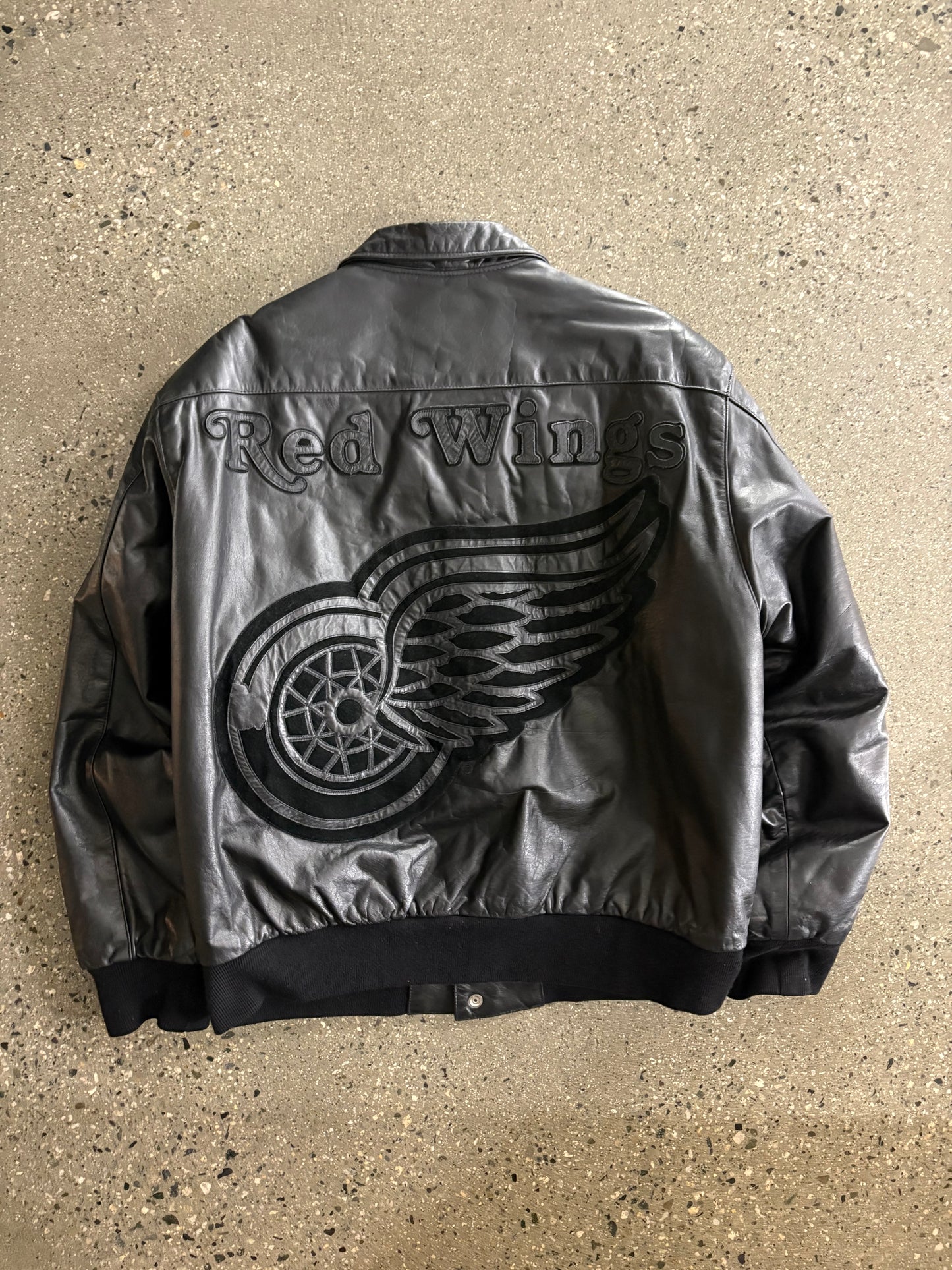 (L) Vintage Jeff Hamilton Detroit Redwings Full Leather Black Jacket