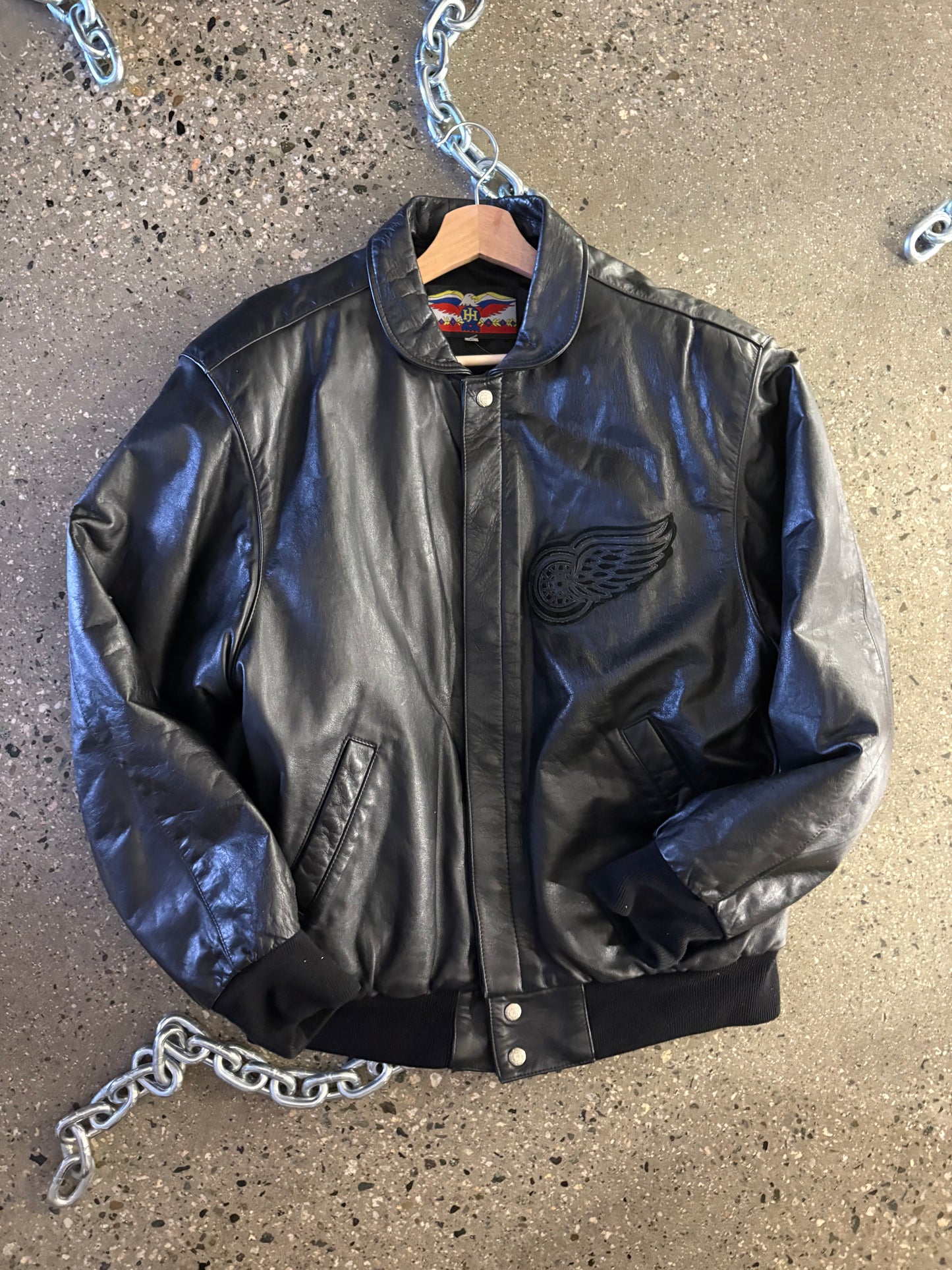 (L) Vintage Jeff Hamilton Detroit Redwings Full Leather Black Jacket