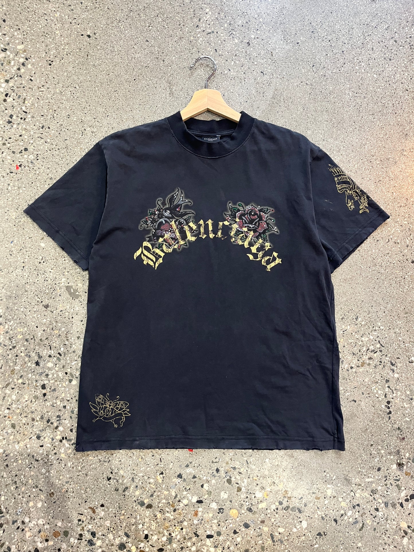 (L) Balenciaga Rhinestone Pre Distressed Tee