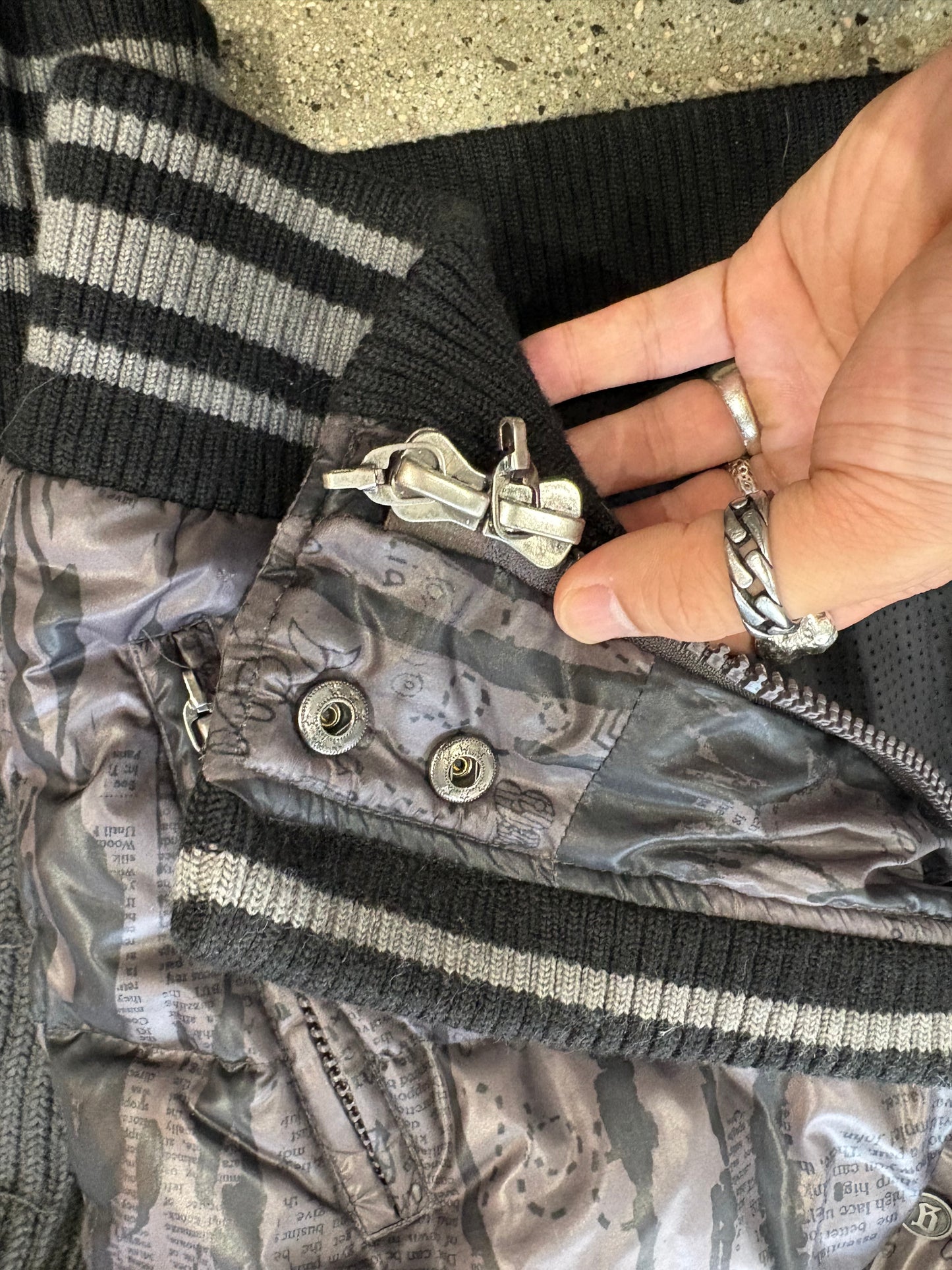 John Galliano Newspaper Down Jacket w/ Hood & Martine Rose Hat
