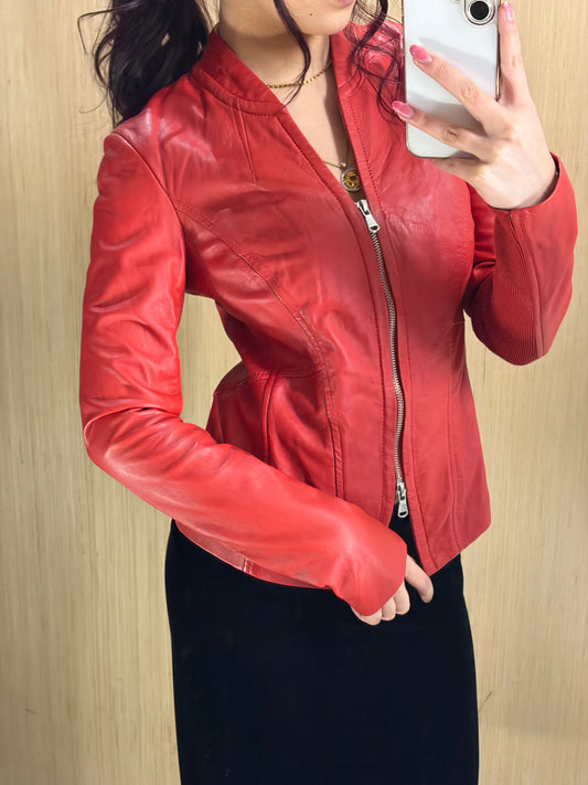 (2XS) Womens Red Leather Cropped