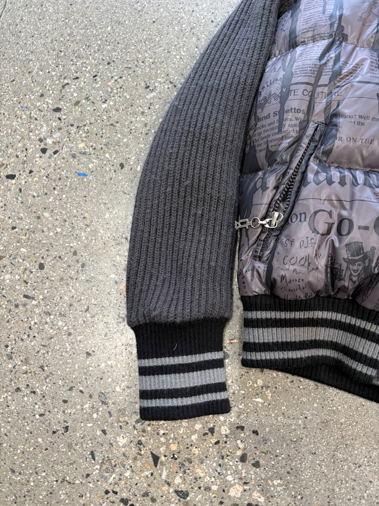 John Galliano Newspaper Down Jacket w/ Hood & Martine Rose Hat