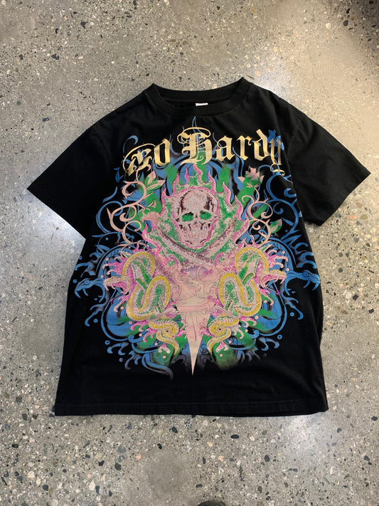 (L) 00's Ed Hardy Bedazzled Flaming Skull Black T-Shirt