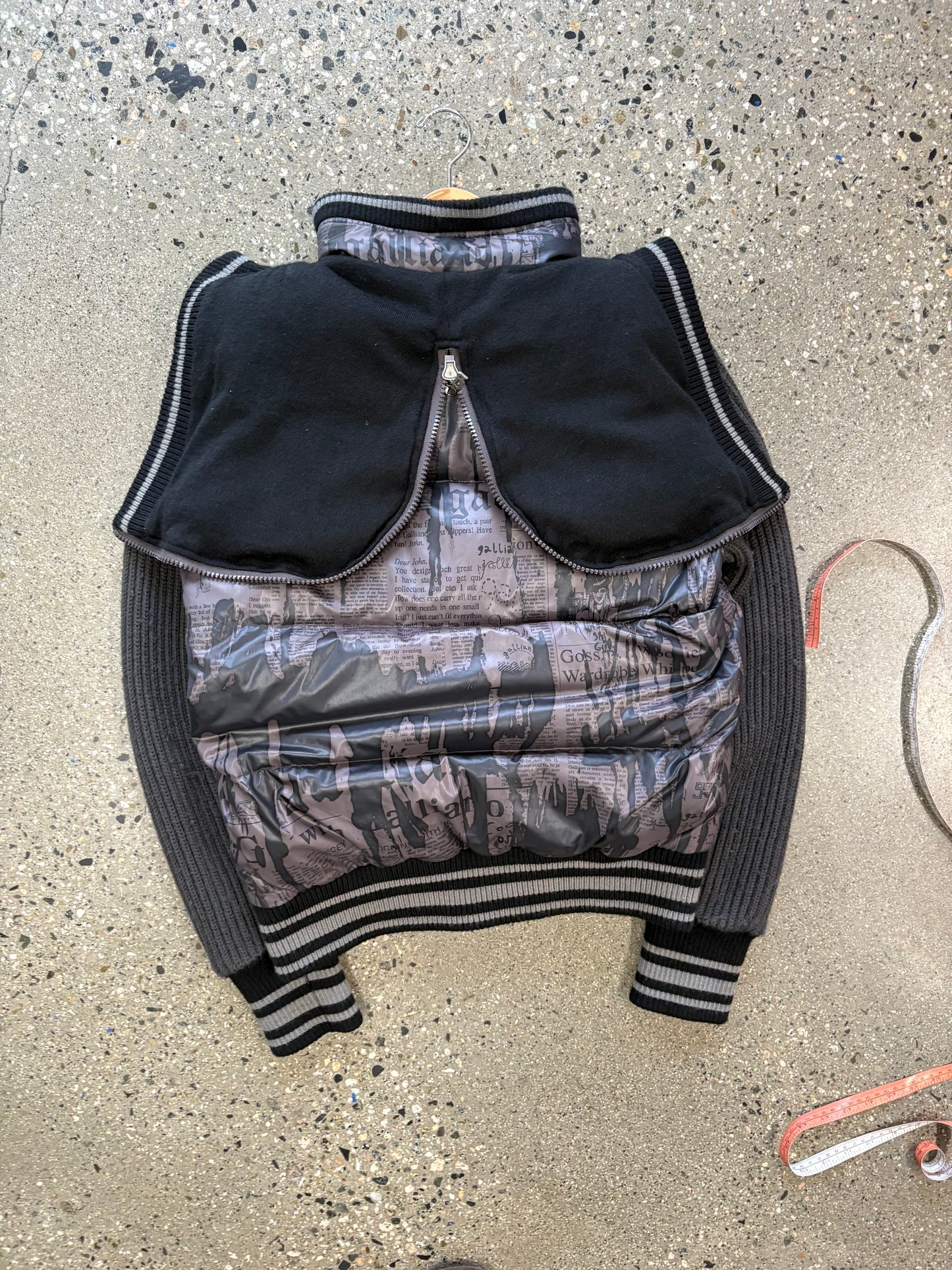 John Galliano Newspaper Down Jacket w/ Hood & Martine Rose Hat