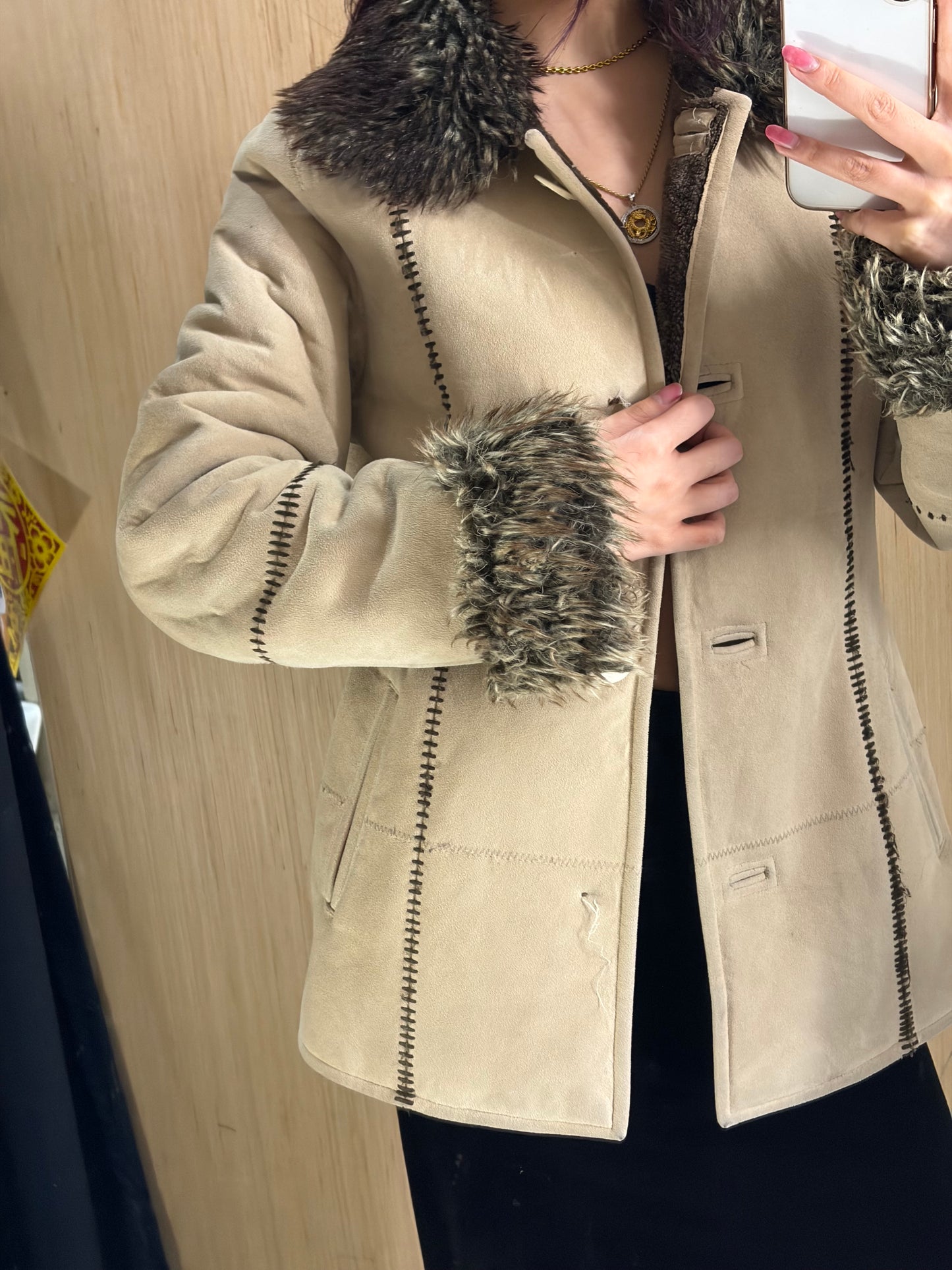 (Womens S) SUEDE LEATHER FUR TRIM JKT