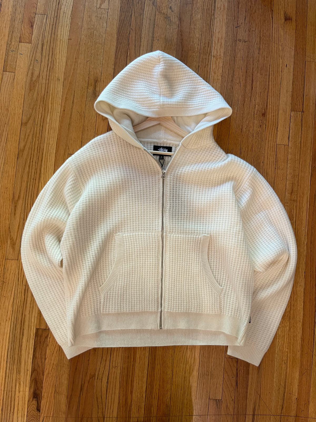 (XL) BNWT Stussy Waffle Cashmere Zip Hood Sweater - Ivory ( Retails for $315)