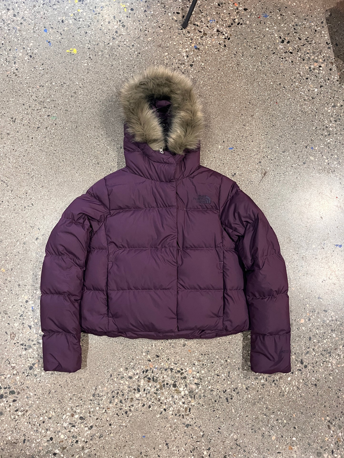 (Womens S) The North Face Cropped Purple Puffer with Fur Hood