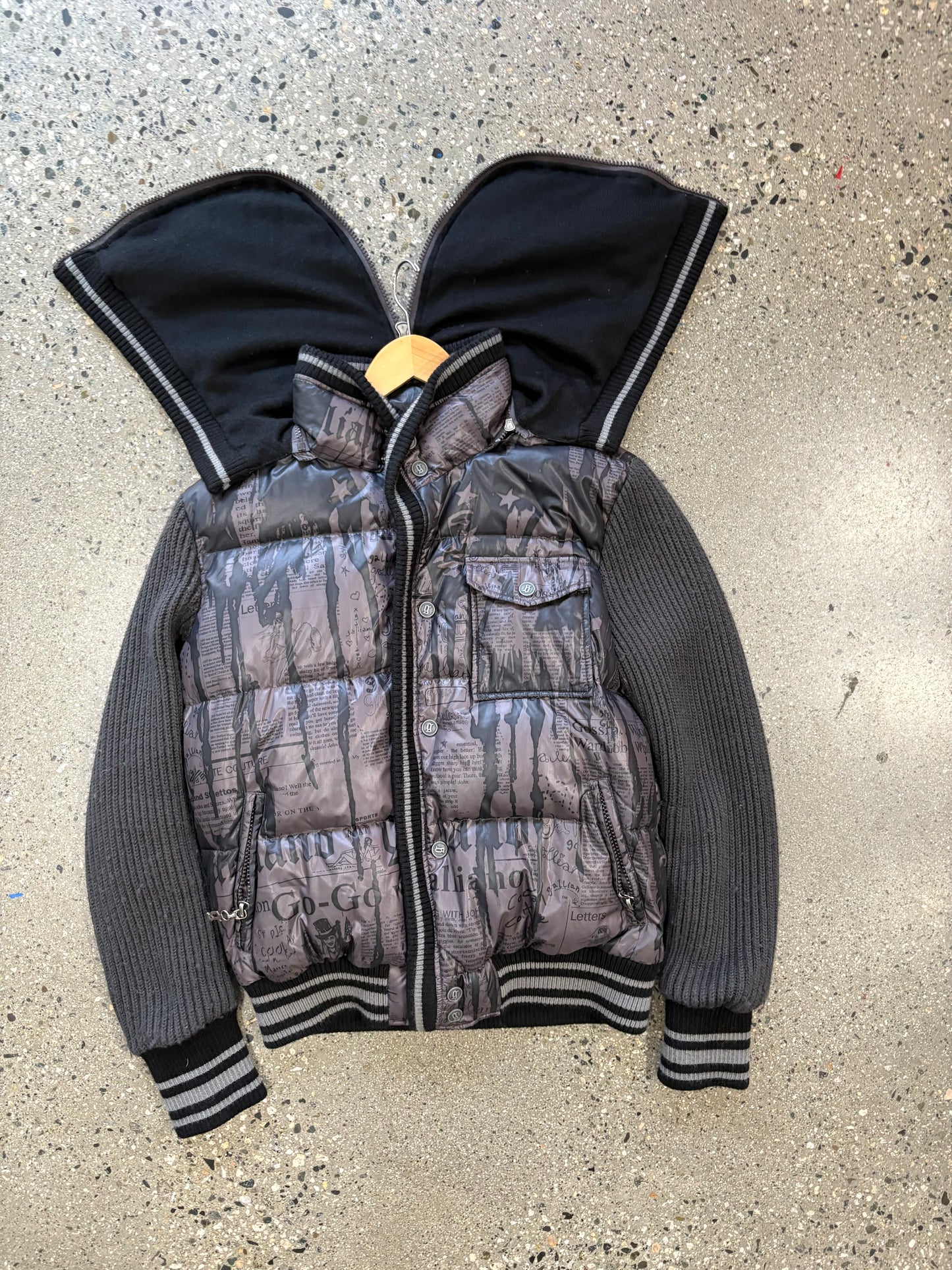 John Galliano Newspaper Down Jacket w/ Hood & Martine Rose Hat
