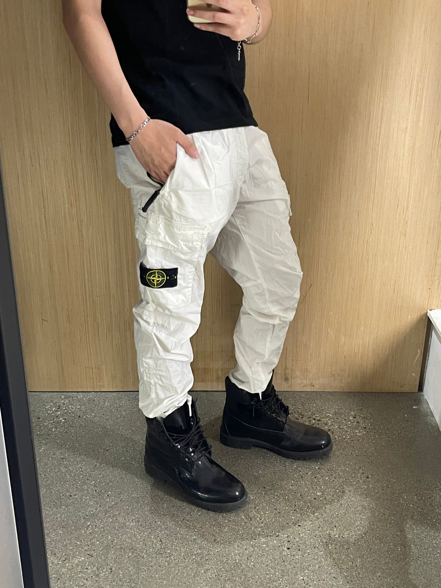 (31”) Stone Island White Nylon Pants