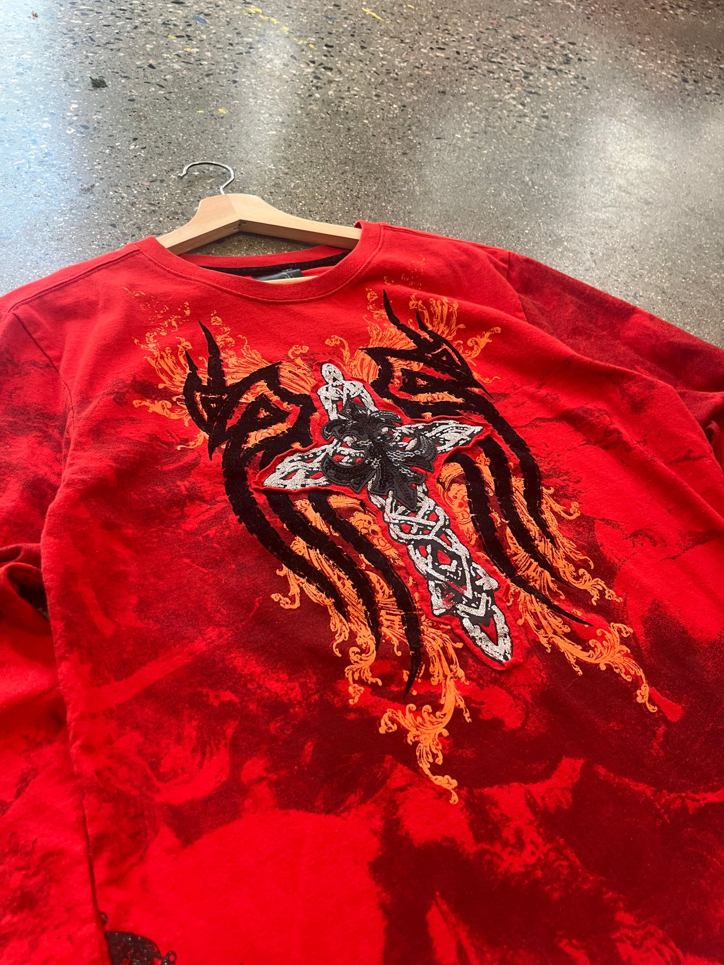 (M/L) Raw Blue Red Doublesided LS Tee Y2K Cross