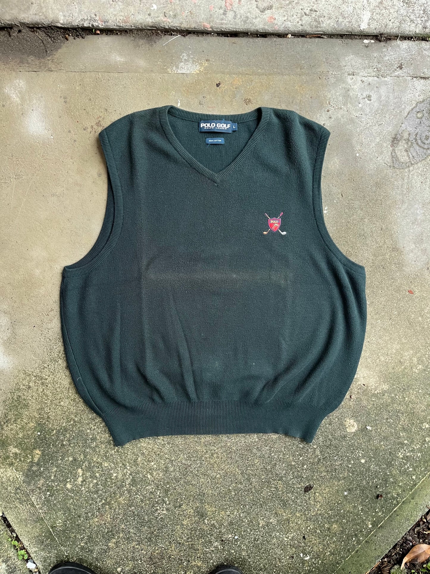 (L) 1990 Forest Green Knitted Polo Vest
