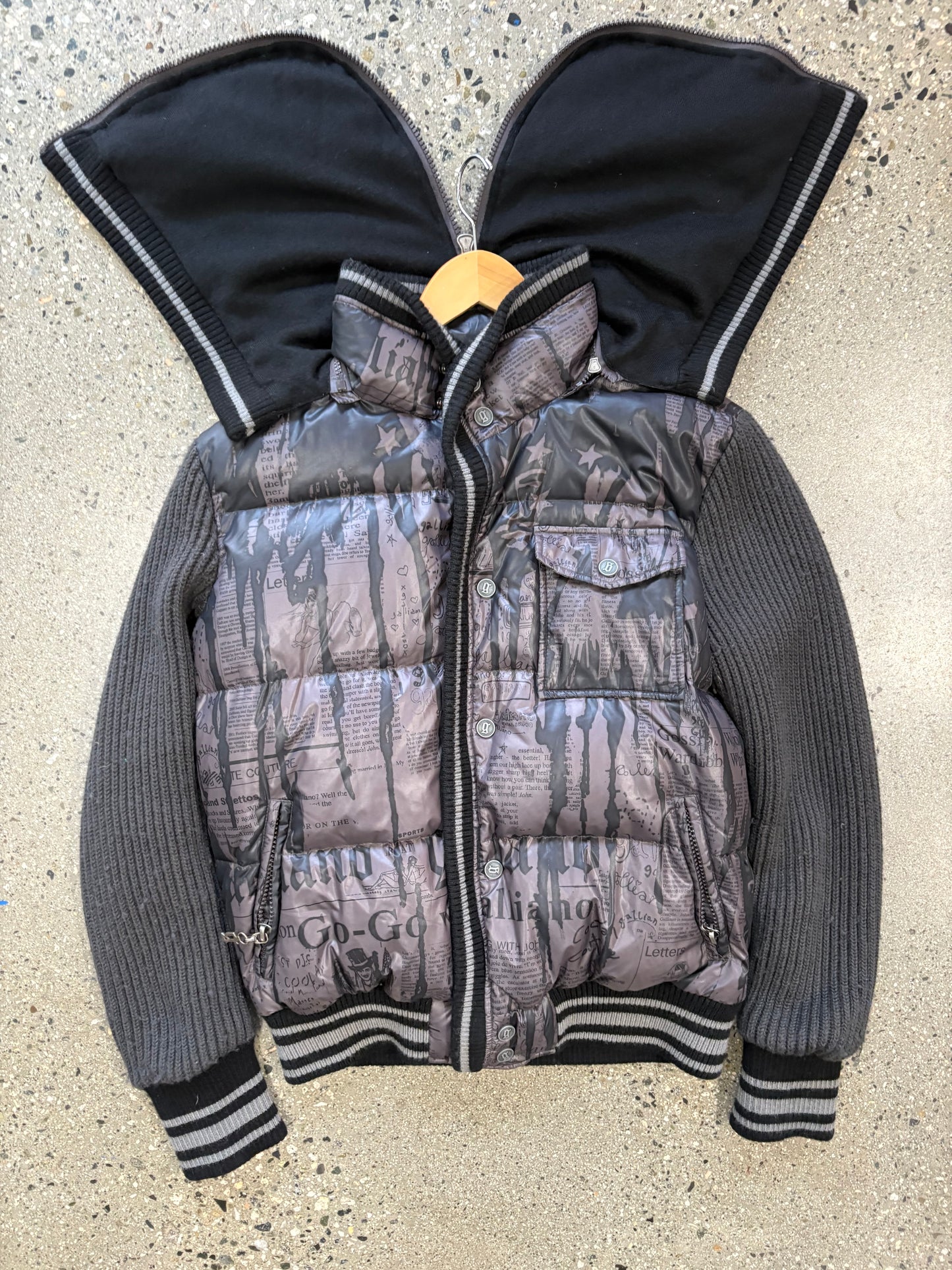 John Galliano Newspaper Down Jacket w/ Hood & Martine Rose Hat