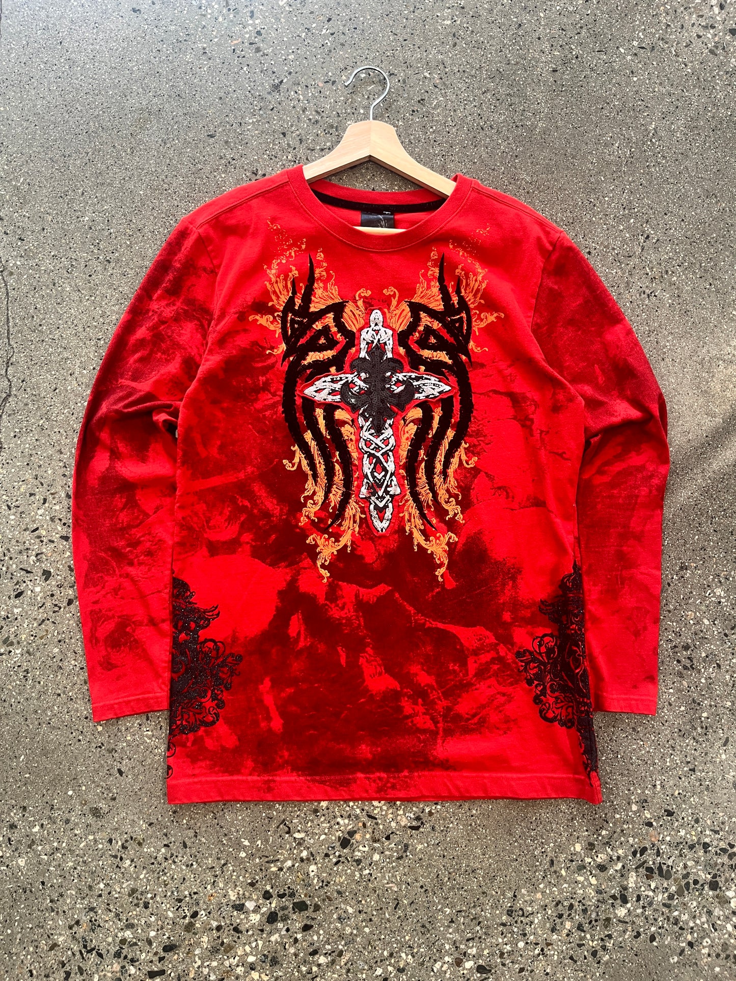 (M/L) Raw Blue Red Doublesided LS Tee Y2K Cross