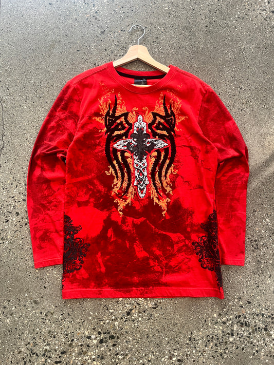 (M/L) Raw Blue Red Doublesided LS Tee Y2K Cross