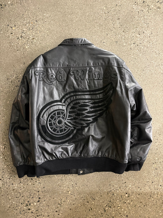 (L) Vintage Jeff Hamilton Detroit Redwings Full Leather Black Jacket