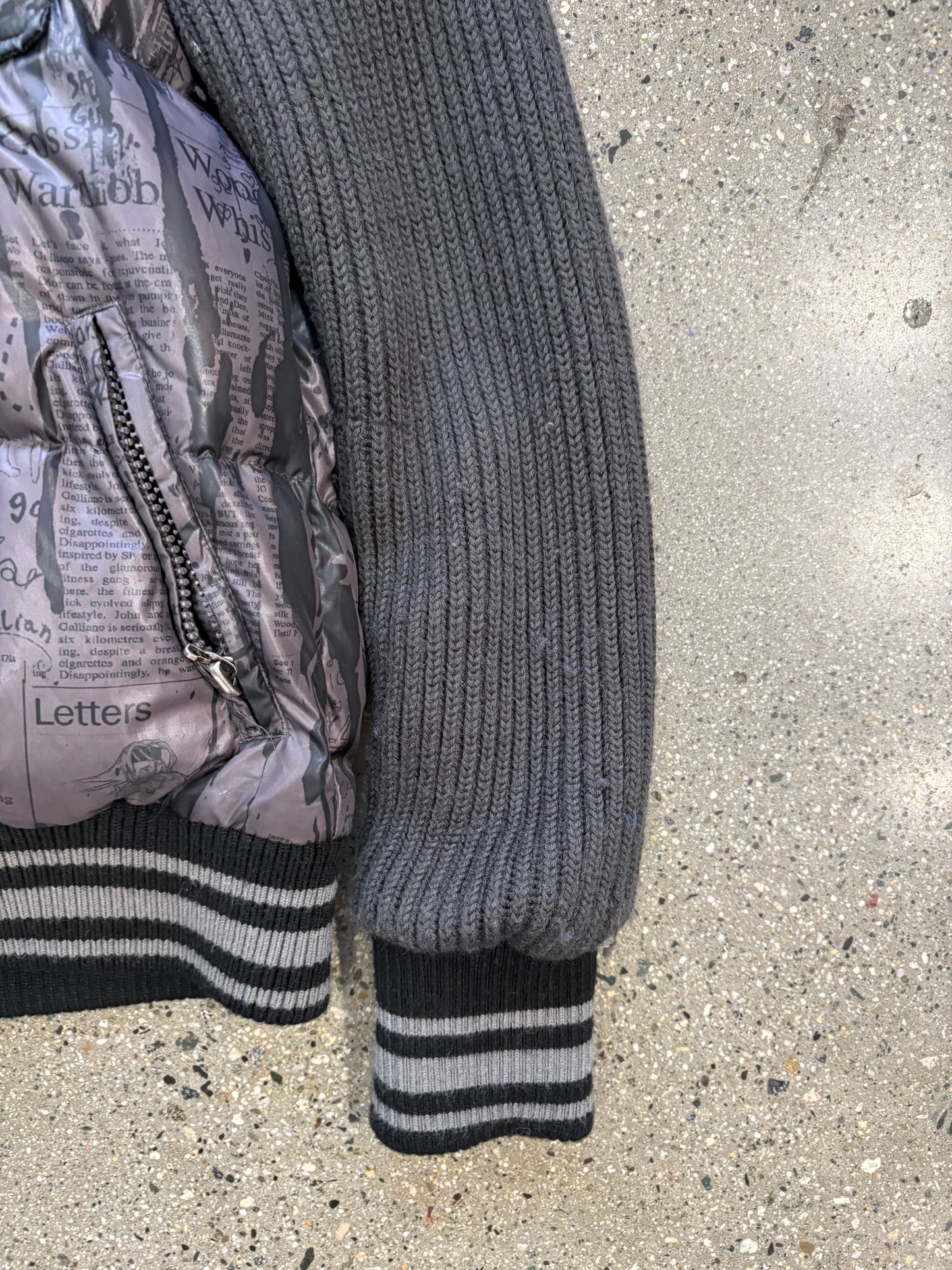 John Galliano Newspaper Down Jacket w/ Hood & Martine Rose Hat