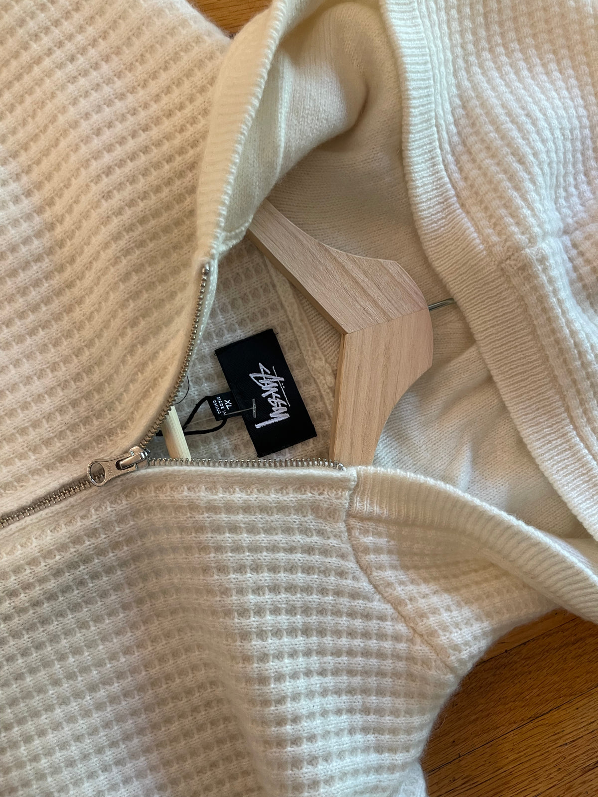 (XL) BNWT Stussy Waffle Cashmere Zip Hood Sweater - Ivory ( Retails for $315)