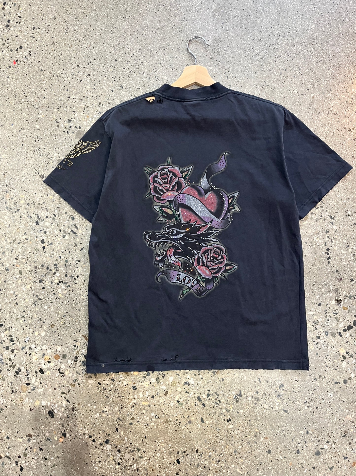 (L) Balenciaga Rhinestone Pre Distressed Tee