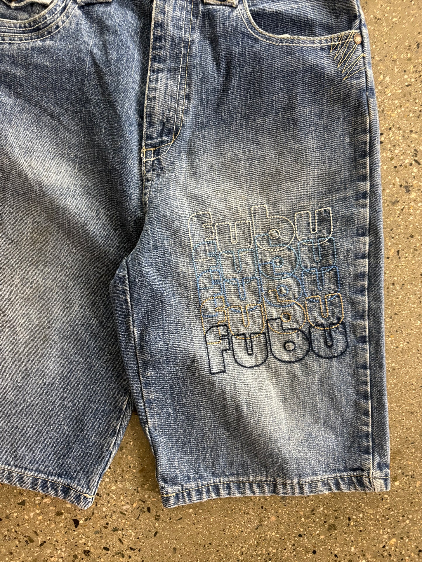 28” fubu script jort ( as is )