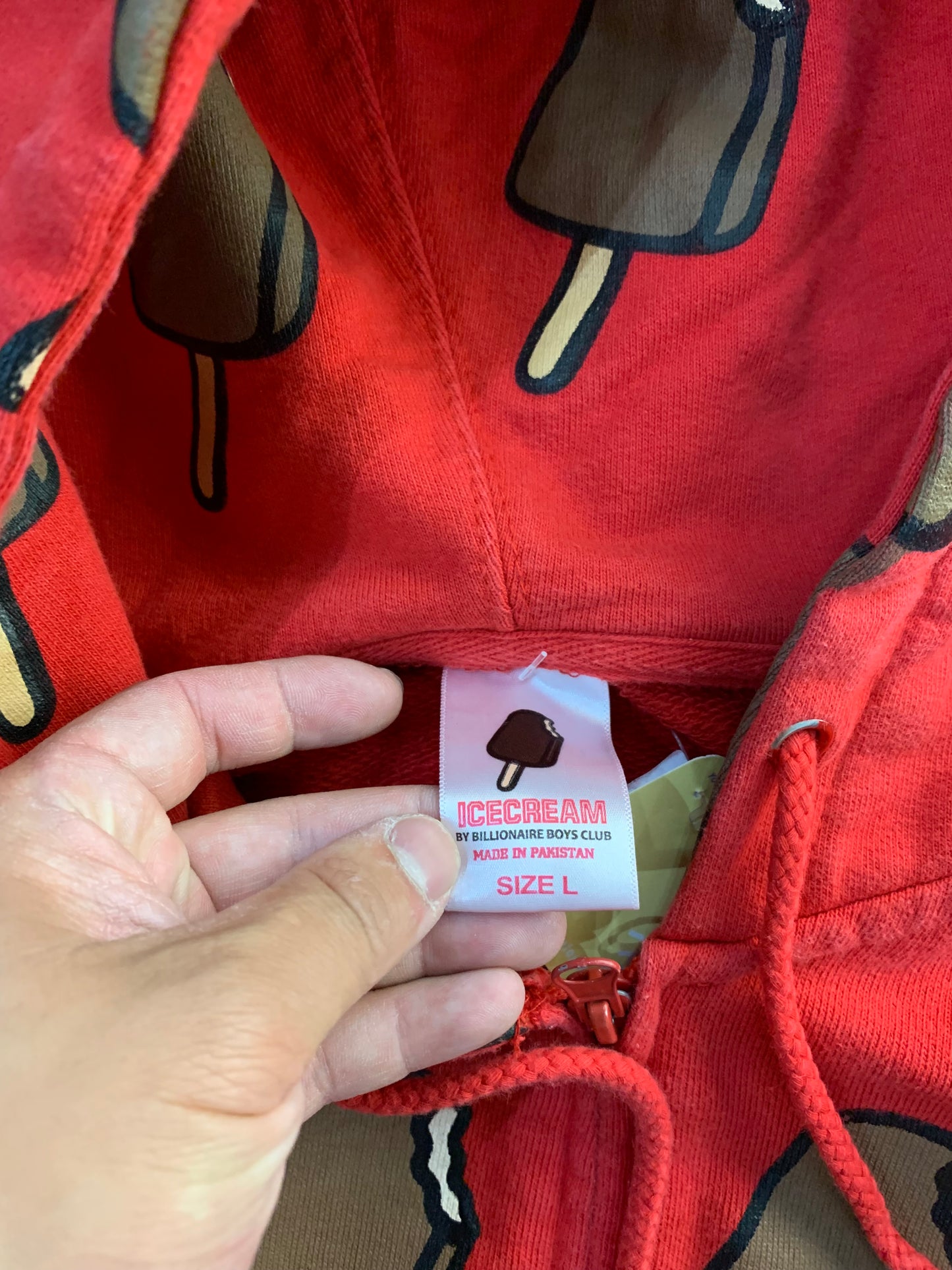 (L) 00's BBC Ice Cream All Over Graphic Red Zip-up Hoodie