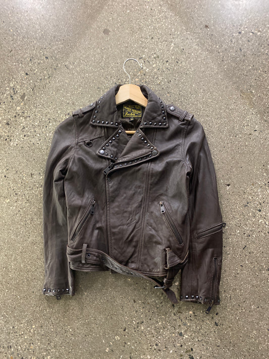 (XS) Womens Brown Buckle Leather Cropped Jacket