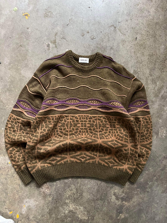 (L/XL) 90’s 3D Coogi Style Multi Pattern Knit