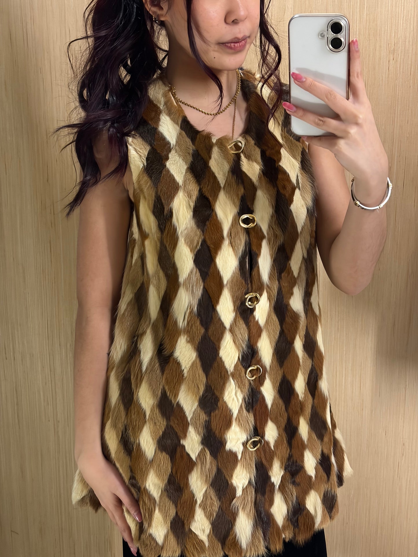 (L/XL) Vintage Fur Long Vest with Clasps