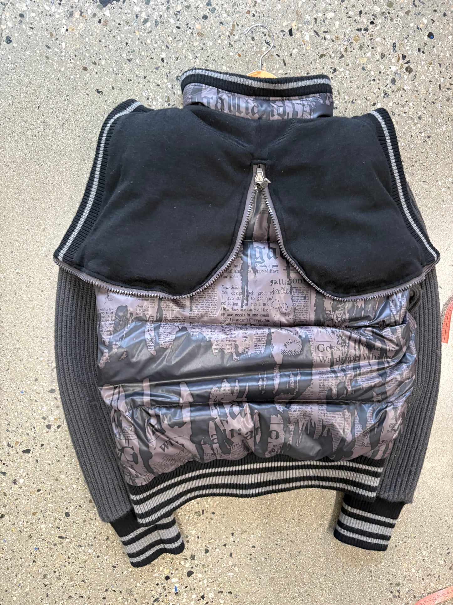 John Galliano Newspaper Down Jacket w/ Hood & Martine Rose Hat