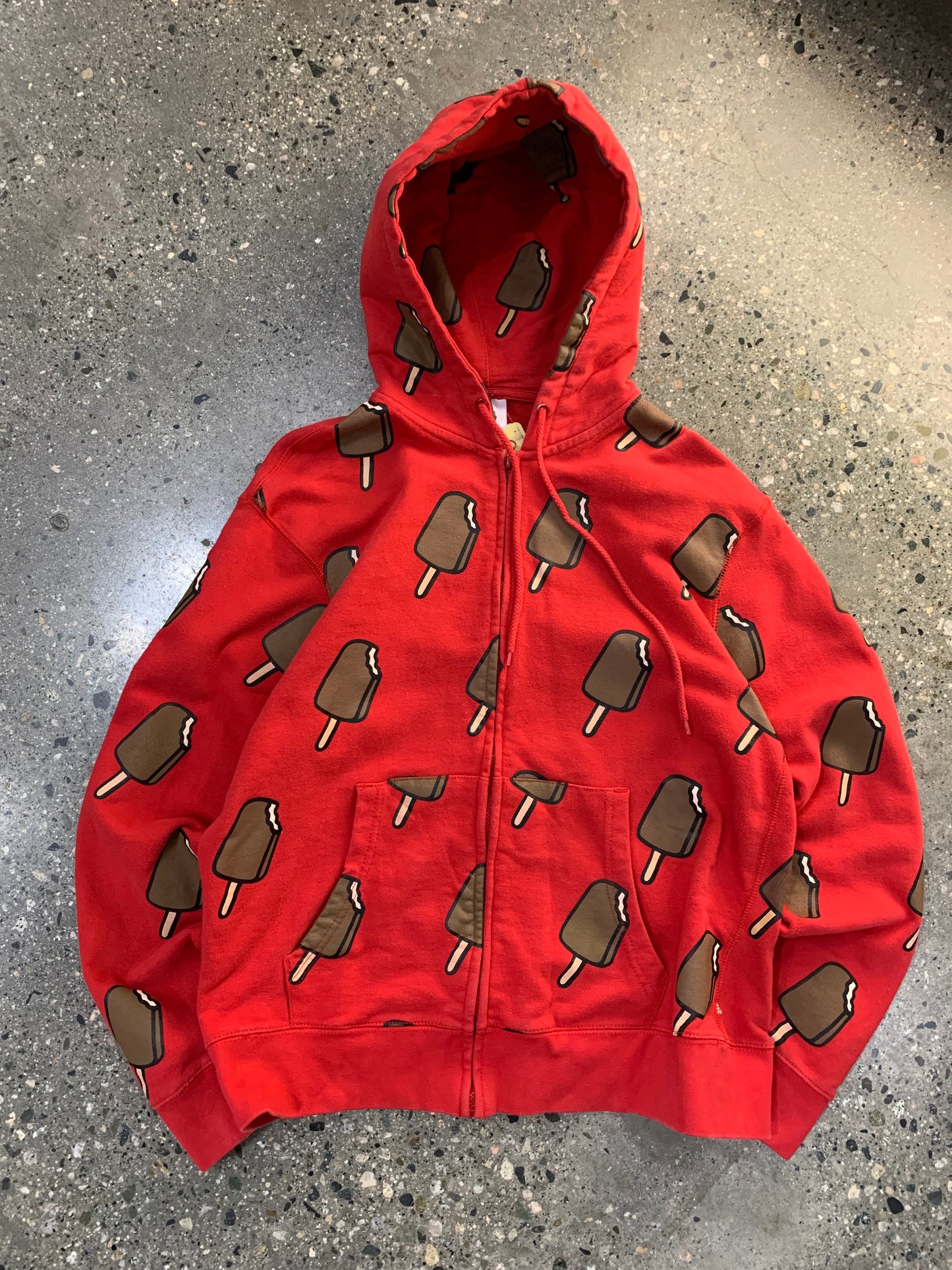 (L) 00's BBC Ice Cream All Over Graphic Red Zip-up Hoodie