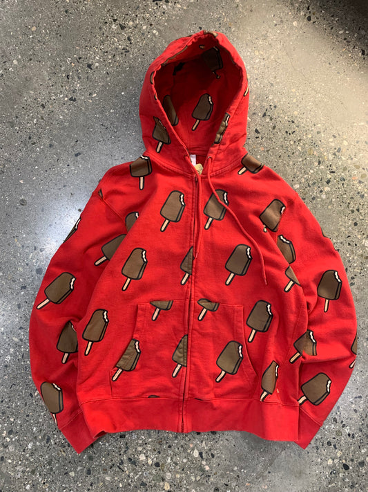 (L) 00's BBC Ice Cream All Over Graphic Red Zip-up Hoodie