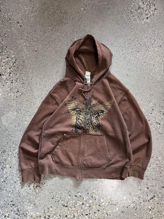 (L) Y2K Brown Tribal Zip Up Hoodie